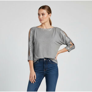 Cable & Gauge Gray Silver Sequin Blouse Dolman Open Slit Sleeve Size XS